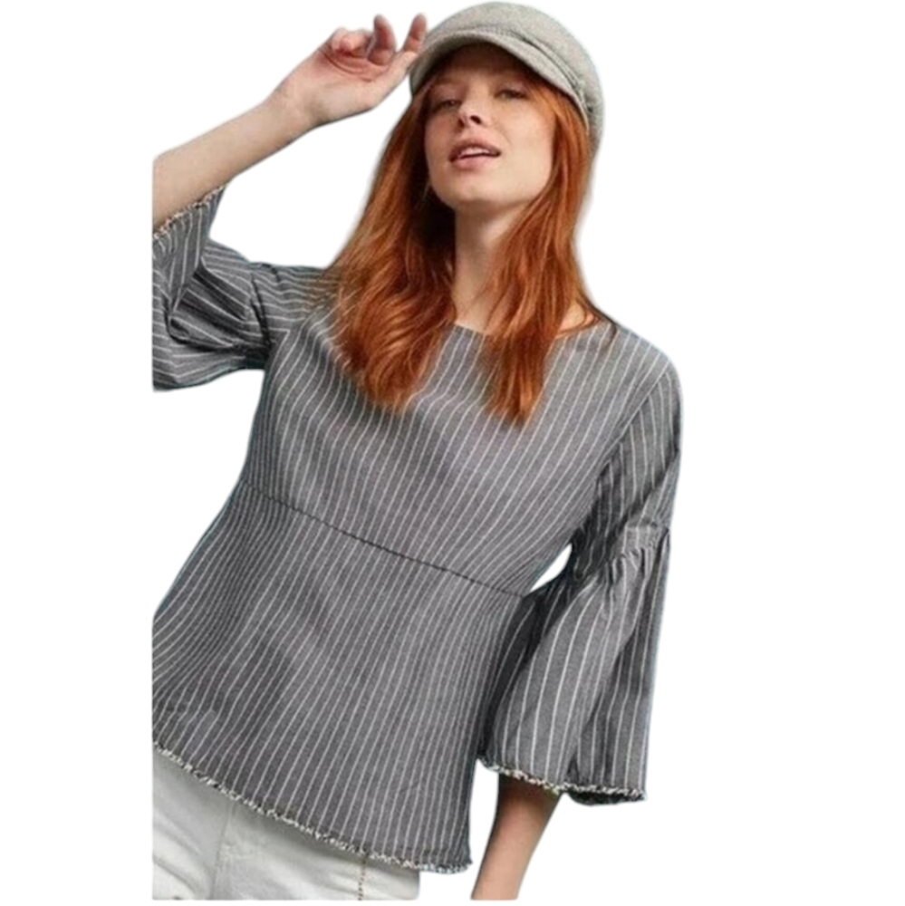 Anthropologie Dolan Left Coast Gray White Striped Bell Sleeve Blouse Top Size S